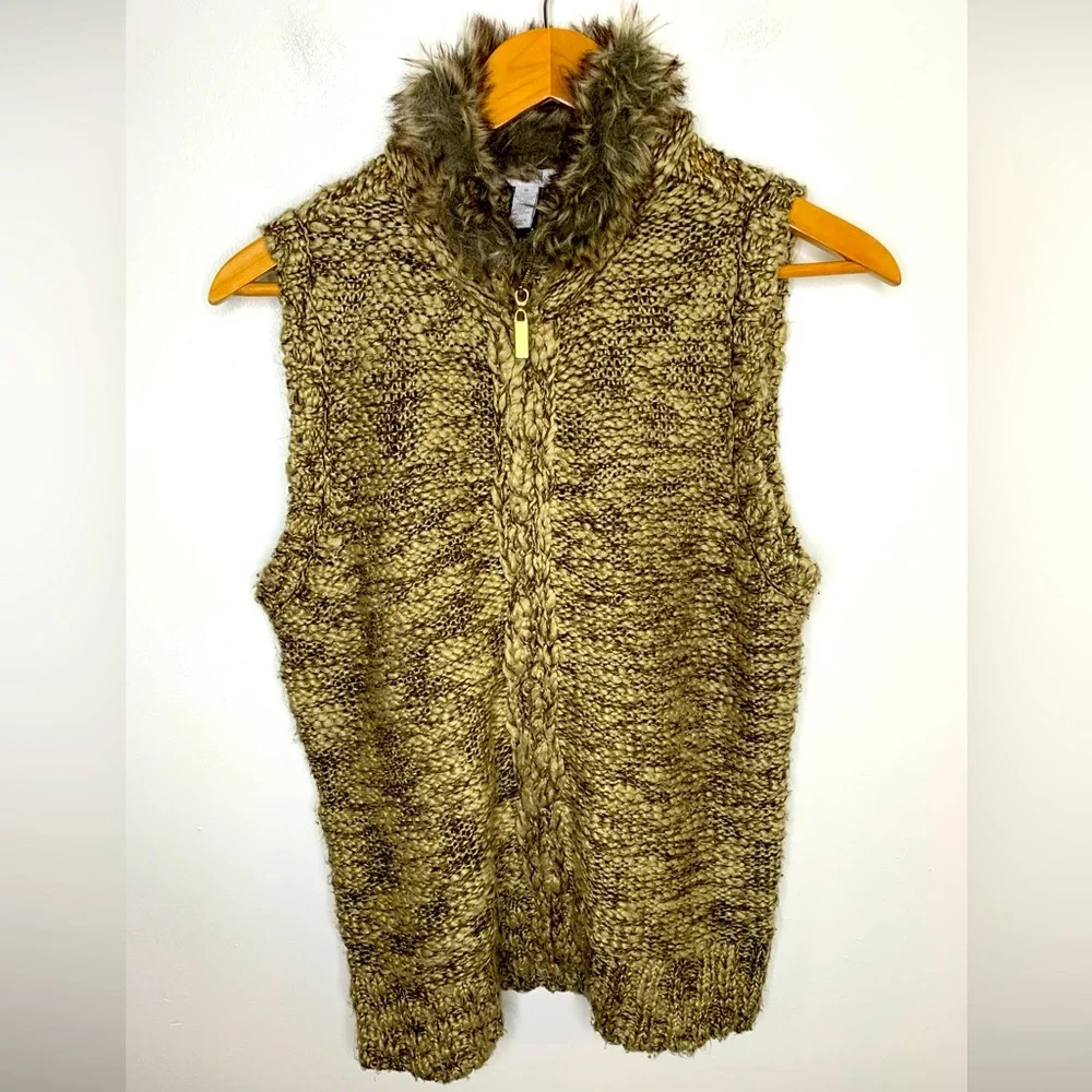 Charter Club Size Medium Full Zip Sweater Vest Faux Fur Collar Brown Fun